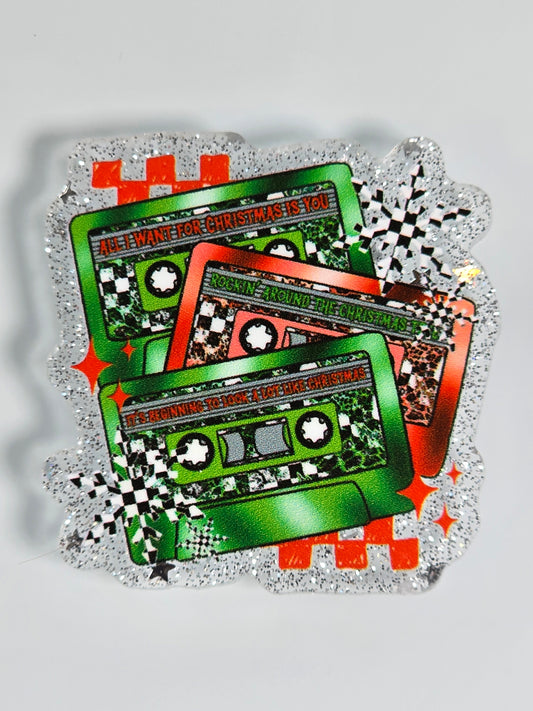 Acrylic Glitter Flatbacks- Christmas Cassette Tapes