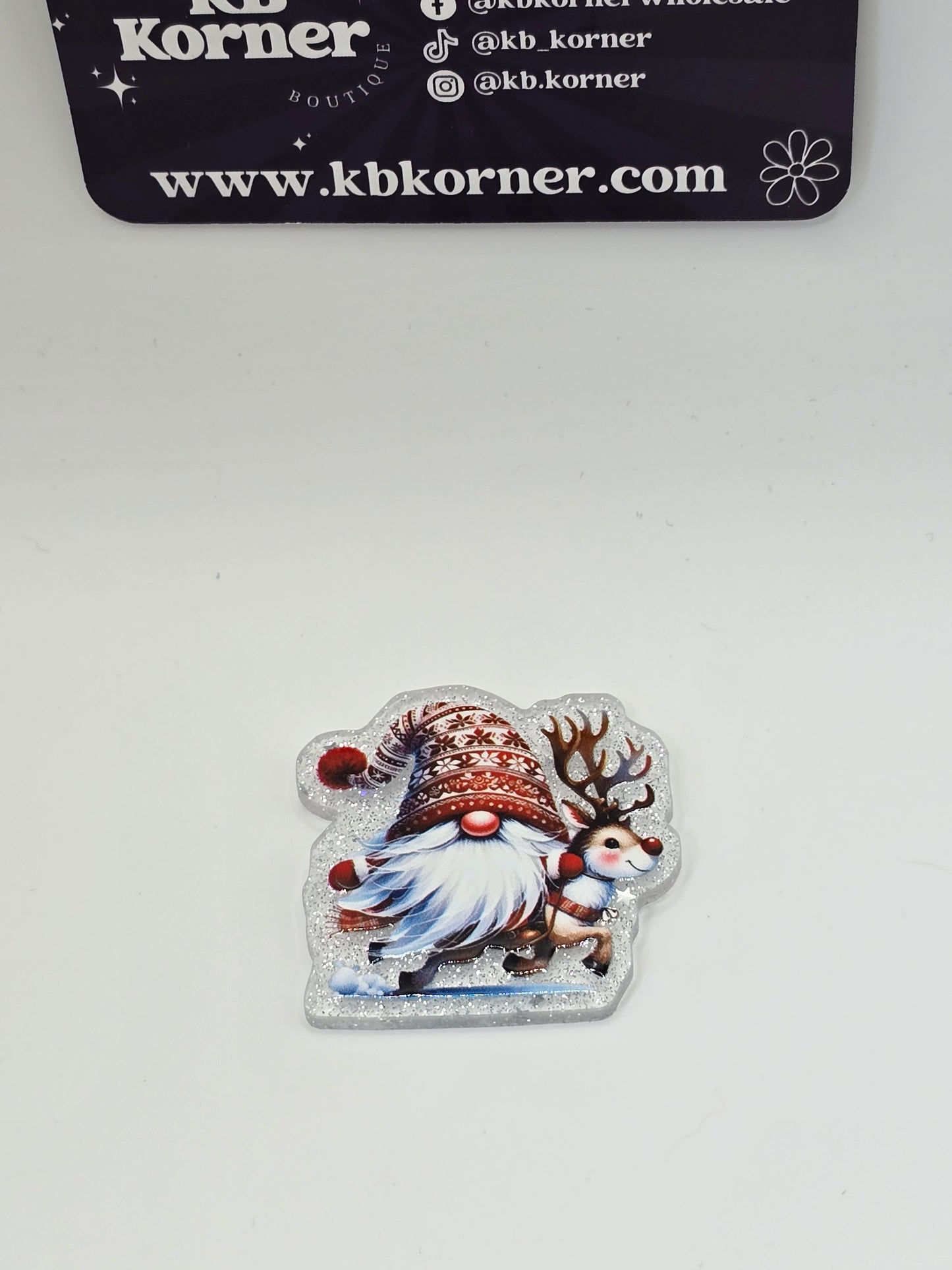 Acrylic Glitter Flatbacks- Christmas Gnome on Reindeer