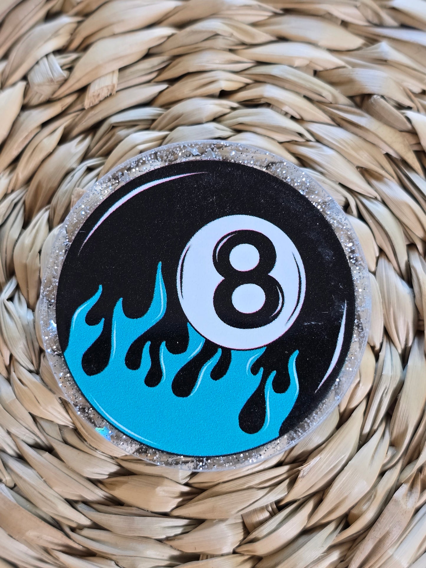 Acrylic Glitter Flatbacks- Magic 8 Ball w/Flames