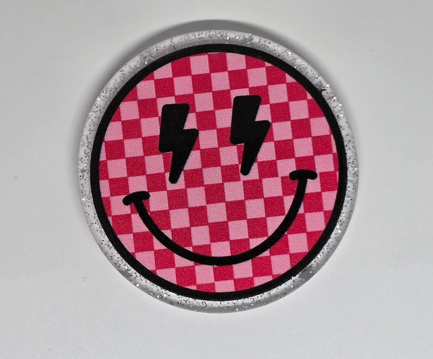 Acrylic Glitter Flatback- Pink Checkered Smile