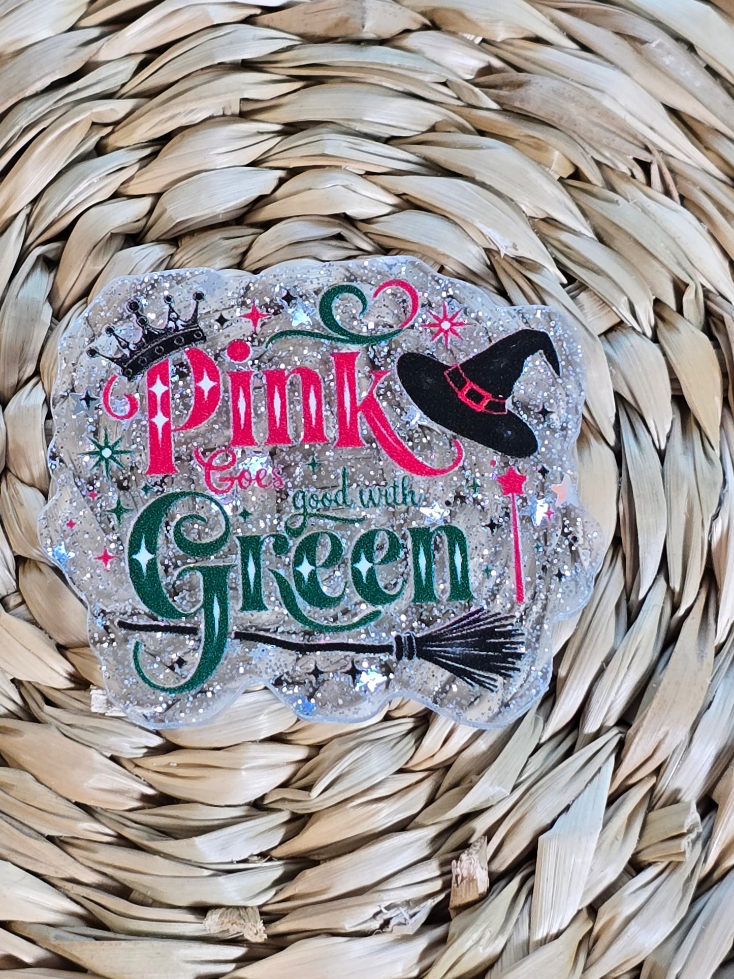 Acrylic Glitter Flatbacks- Pink and Green Wicked