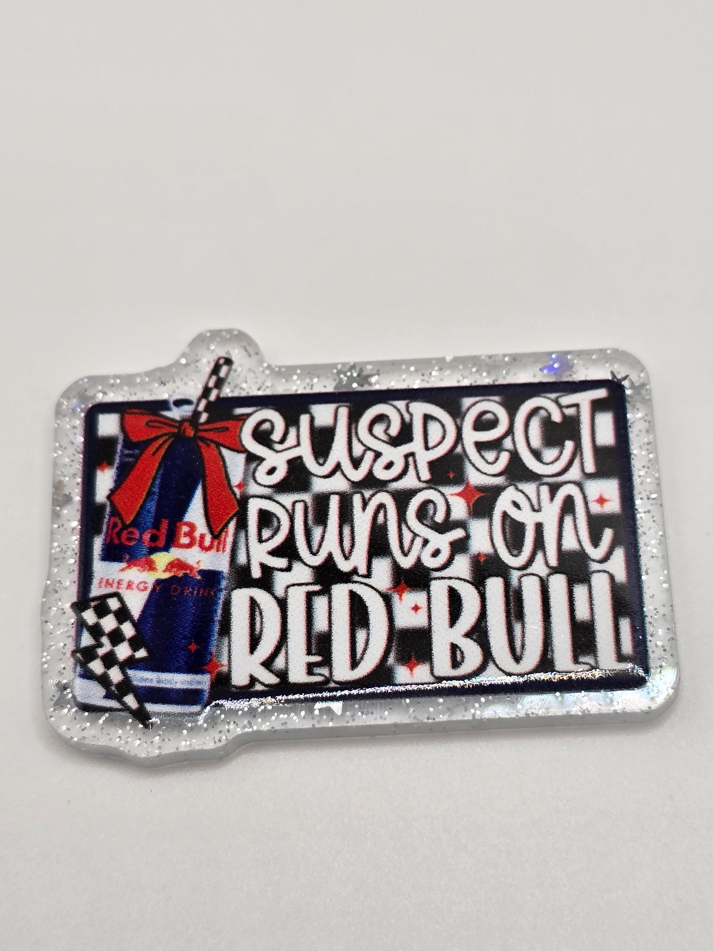 Acrylic Glitter Flatbacks- Suspect Runs On Red Bull